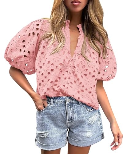Prettygarden Women's Boho Eyelet Puff Sleeve Blouse: $27.19
