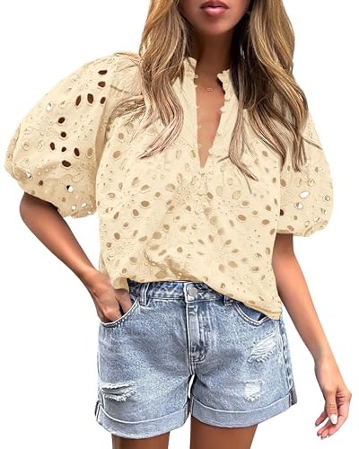 Prettygarden Women's Boho Eyelet Puff Sleeve Blouse: $29.74