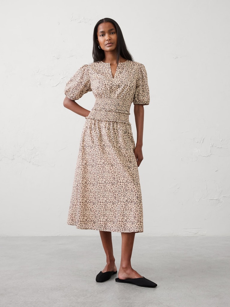 Puff-Sleeve Smocked-Waist Midi Dress: $75 Puff-Sleeve Smocked-Waist Midi Dress: $75