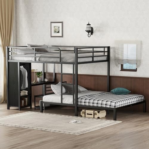 Bellemave Queen Over Queen Bunk Bed with Desk and Wardrobe: $327.25