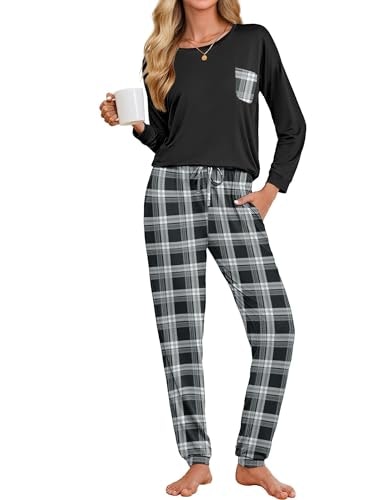 Ekouaer Women's Plaid Long Sleeve Pajama Set: $19.98