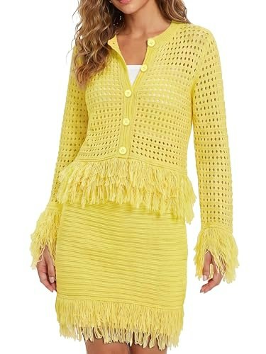Women's Crochet Long Sleeve Button Knit Top and Fringe Skirt 2-Piece Set: $32.99 Women's Crochet Long Sleeve Button Knit Top and Fringe Skirt 2-Piece Set: $32.99