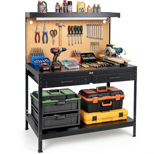 Pterying Garage Workbench with LED Light Bar, Pegboard, and 2 Drawers: $129.99