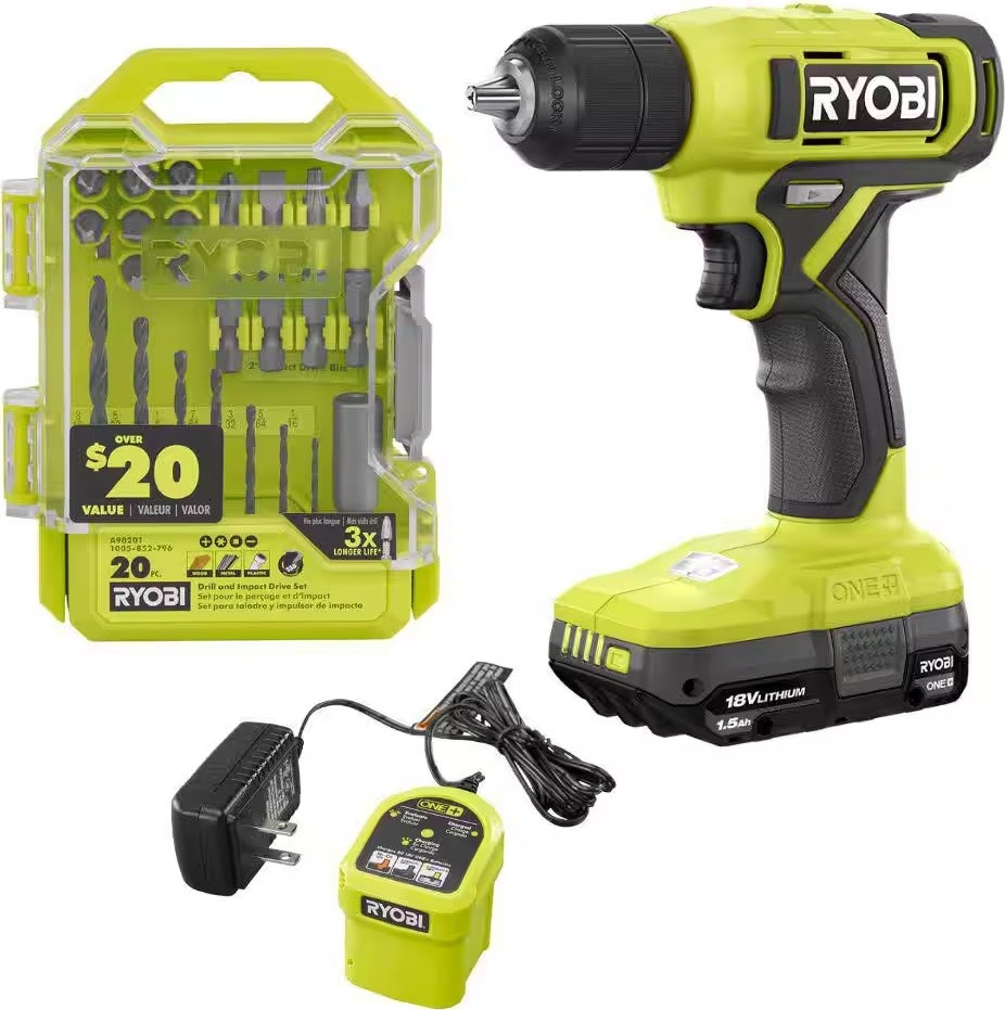 Ryobi ONE+ 18V Cordless 3/8" Drill w/ 20-Piece Driver Kit: $36