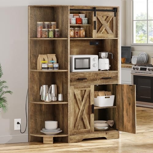 Yitahome 67-Inch Farmhouse Pantry with Power Outlet and Sliding Barn Door: $154.99
