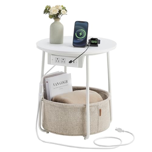 Vasagle Round Side Table with Charging Station and Fabric Basket: $39.99 Vasagle Round Side Table with Charging Station and Fabric Basket: $39.99