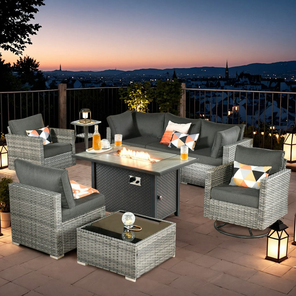 Toject 9-Piece Wicker Outdoor Patio Conversation Sofa Sectional Set w/ 42" Metal Fire Pit & Black Cushions: $1,079