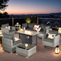 Toject 9-Piece Wicker Outdoor Patio Conversation Sofa Sectional Set w/ 42" Metal Fire Pit & Black Cushions for $1,079 + free shipping