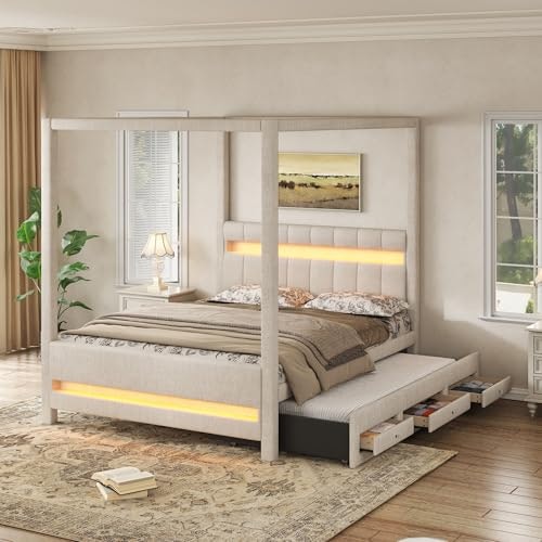 Merax Queen Upholstered Canopy Bed Frame with Trundle and 3 Drawers: $501.49