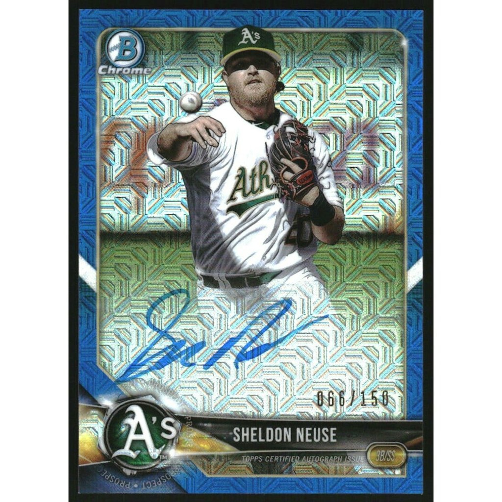 2018 Bowman Chrome Sheldon Neuse Blue Mojo Refractor Autograph Card: $22.50 2018 Bowman Chrome Sheldon Neuse Blue Mojo Refractor Autograph Card: $22.50