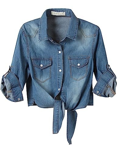 SeekMe Women's Denim Tie-Front Crop Top Shirt: $23.98