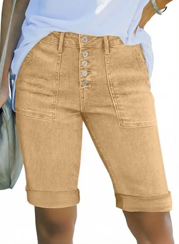 Sidefeel Women's High-Waisted Stretchy Bermuda Jean Shorts: $20.61 Sidefeel Women's High-Waisted Stretchy Bermuda Jean Shorts: $20.61