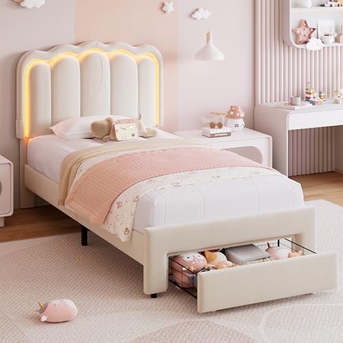 Twin Upholstered LED Platform Bed Frame with Storage Drawer: $149.99