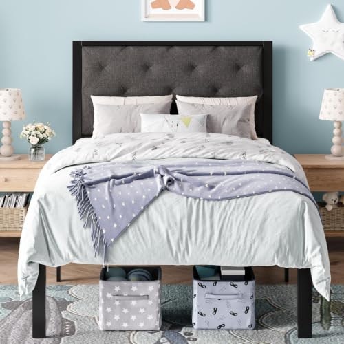 Sha Cerlin Twin Size Metal Bed Frame with Linen Tufted Headboard: $62.97