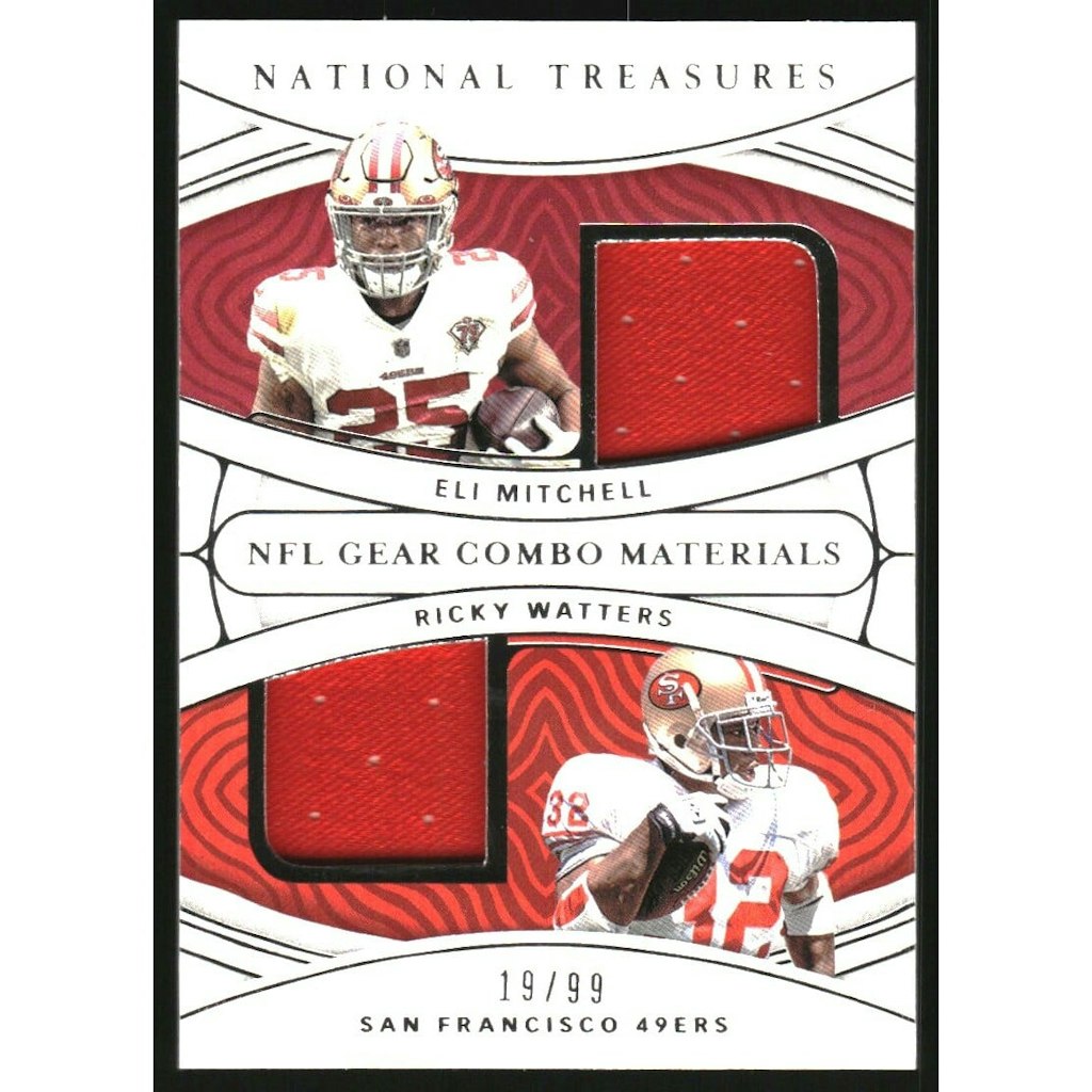 2021 Panini National Treasures Eli Mitchell and Ricky Watters Gear Combo Materials Card: $27 2021 Panini National Treasures Eli Mitchell and Ricky Watters Gear Combo Materials Card: $27