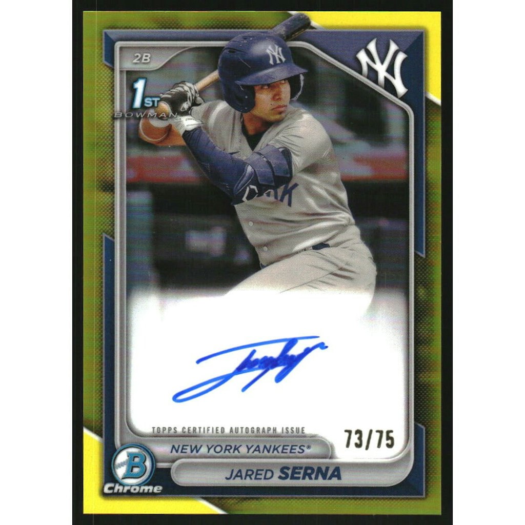 Jared Serna 2024 Bowman Chrome Prospect Autograph Yellow Refractor: $18 Jared Serna 2024 Bowman Chrome Prospect Autograph Yellow Refractor: $18
