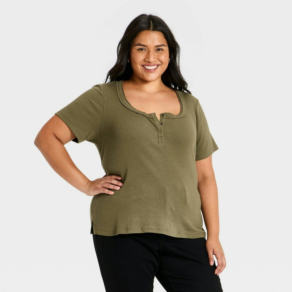 Ava & Viv Women's Plus Short Sleeve Scoop Neck Button-Front Henley Top: $20 Ava & Viv Women's Plus Short Sleeve Scoop Neck Button-Front Henley Top: $20