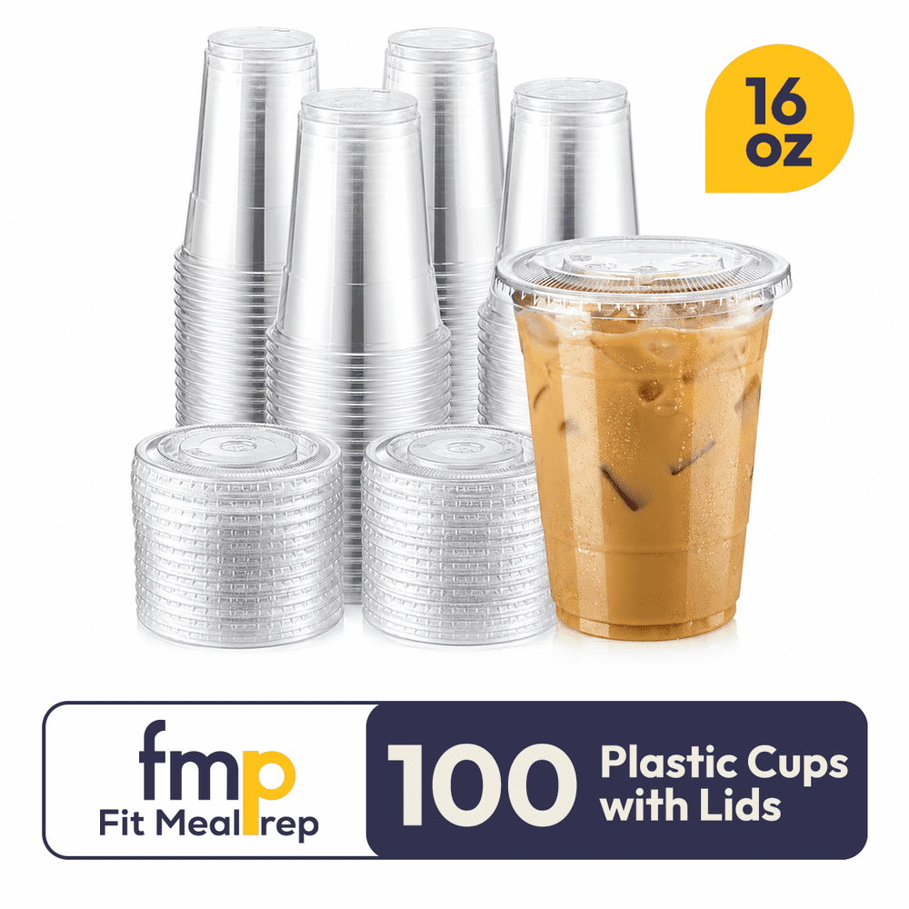 Fit Meal Prep 16oz Clear Plastic Cups with Flat Lids 100-Pack: $20.66