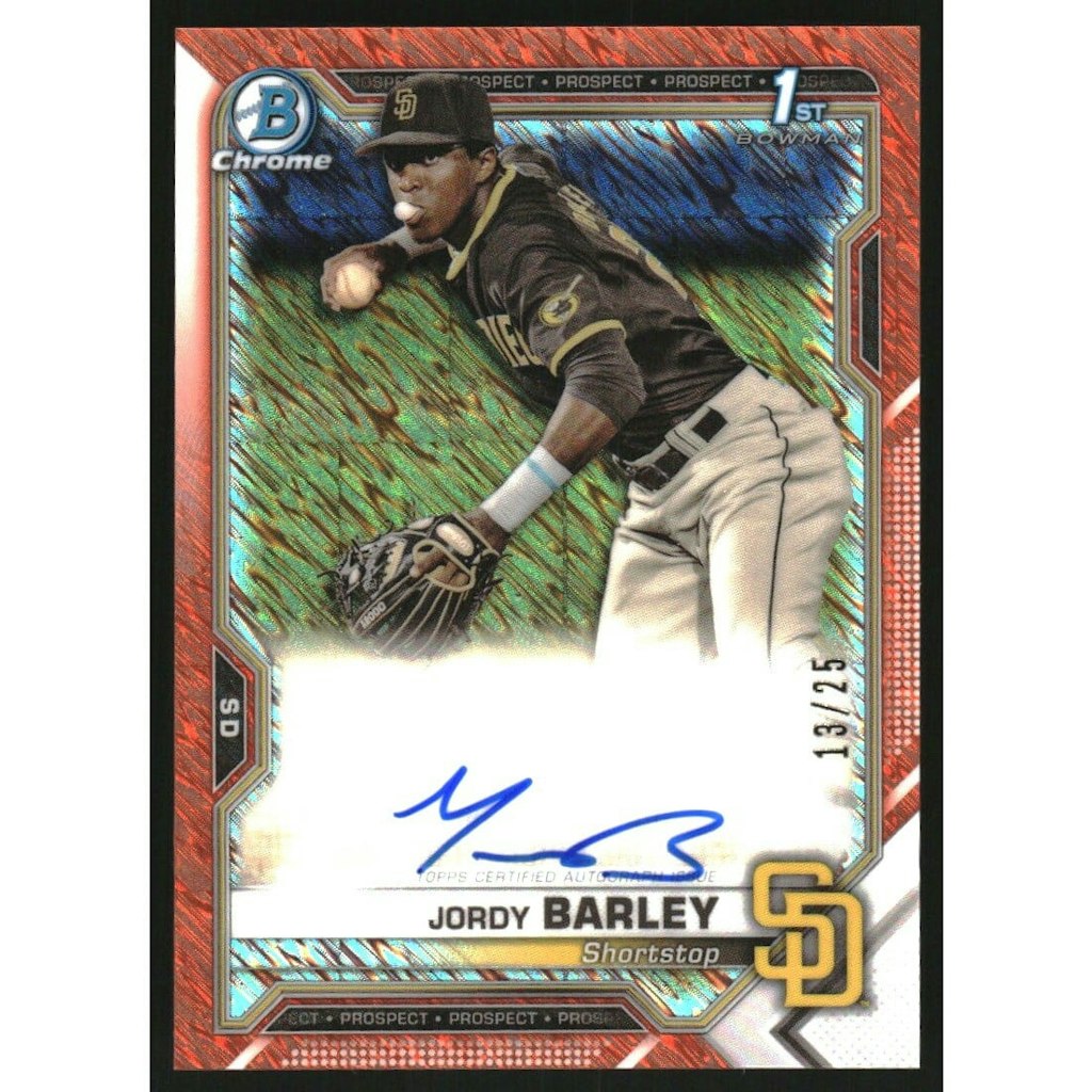 2021 Bowman Chrome Jordy Barley Orange Shimmer Refractor Autograph: $15 2021 Bowman Chrome Jordy Barley Orange Shimmer Refractor Autograph: $15