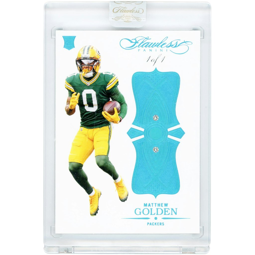 Matthew Golden Green Bay Packers 2025 Panini Flawless Anniversary Platinum Dual Diamond Relic Rookie Card: $2,999.99 Matthew Golden Green Bay Packers 2025 Panini Flawless Anniversary Platinum Dual Diamond Relic Rookie Card: $2,999.99