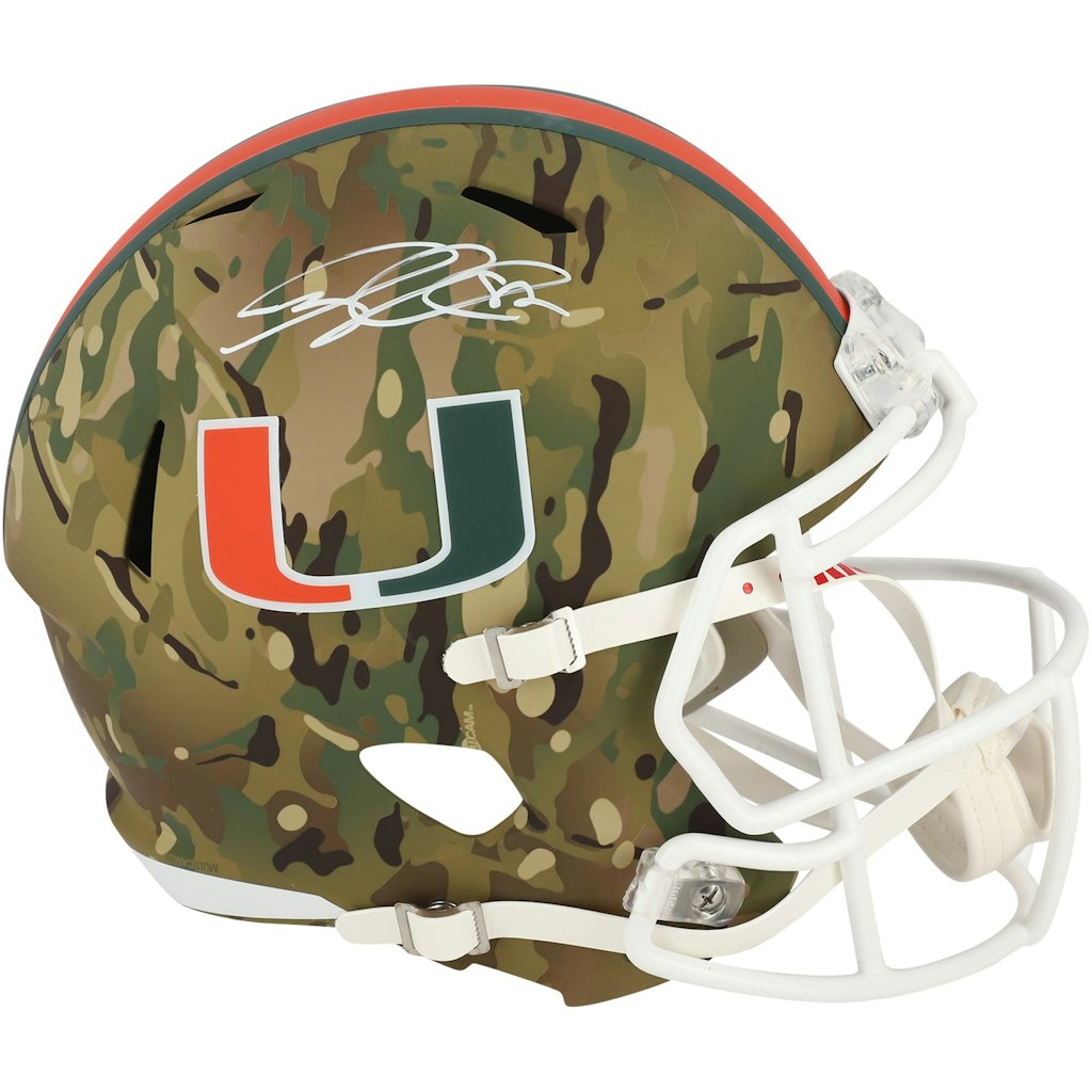 Greg Olsen Autographed Miami Hurricanes Riddell Camo Speed Replica Helmet: $399.99 Greg Olsen Autographed Miami Hurricanes Riddell Camo Speed Replica Helmet: $399.99