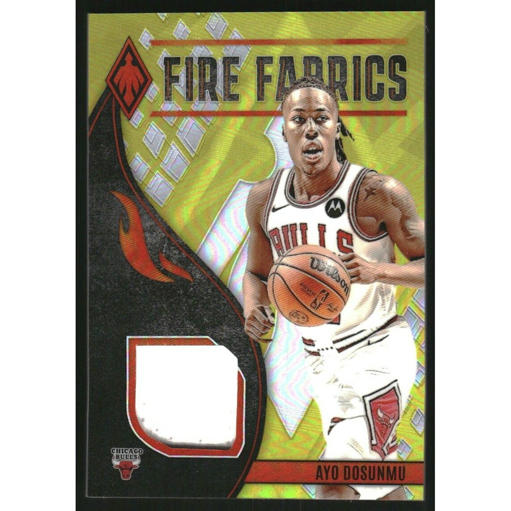 2023-24 Panini Phoenix Ayo Dosunmu Fire Fabrics Yellow Card: $9 2023-24 Panini Phoenix Ayo Dosunmu Fire Fabrics Yellow Card: $9