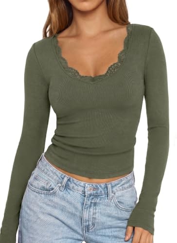 EasyGala Women's Ribbed Long Sleeve Lace V-Neck Fitted Top: $14.99 EasyGala Women's Ribbed Long Sleeve Lace V-Neck Fitted Top: $14.99