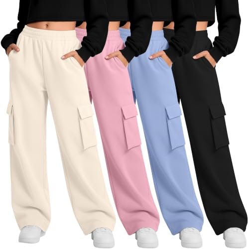 LessonZoo Girls' Wide Leg Cargo Sweatpants 4-Pack: $42.49