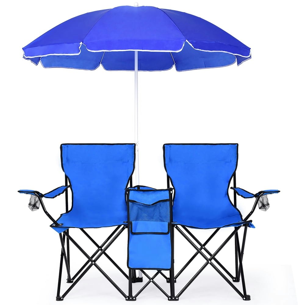 Costway Portable Folding Double Camping Chair with Umbrella and Cooler: $48.58