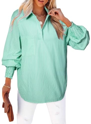 Astylish Women's Plus Size Striped Puff Sleeve Henley Blouse: $18.97 Astylish Women's Plus Size Striped Puff Sleeve Henley Blouse: $18.97