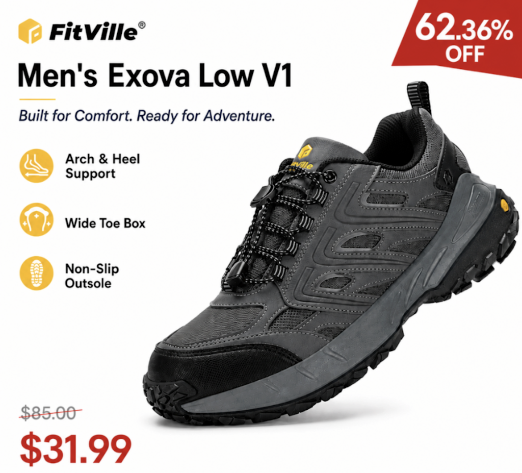 FitVille Men's Exova Low V1 Hiking Shoes: $31.99