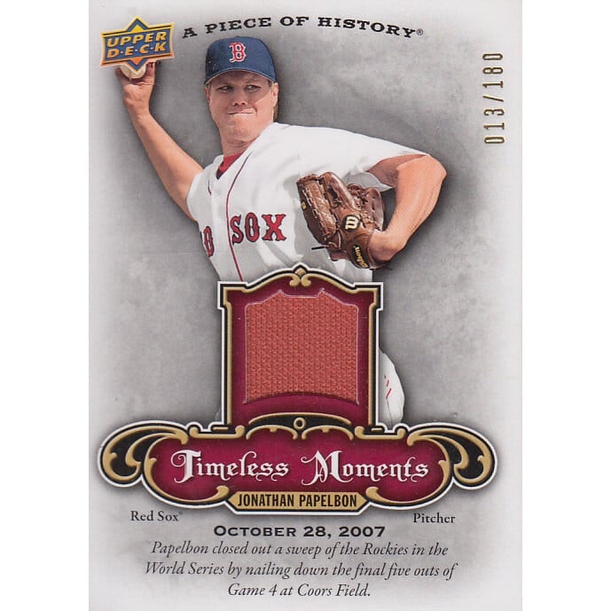 2009 UD A Piece of History Timeless Moments Jonathan Papelbon Jersey Card: $7