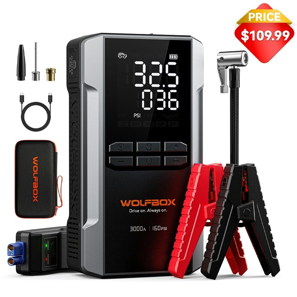 Wolfbox 3,000A 160-PSI Jump Starter and Air Compressor: $119.99
