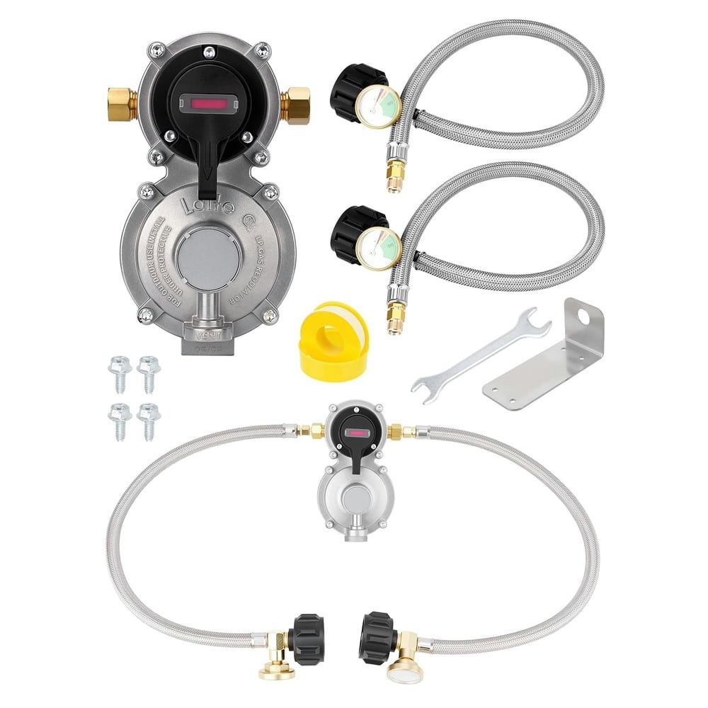 RV 2-Stage Auto Changeover LP Propane Gas Regulator with 18-inch Pigtail Hoses and Tank Gauge: $37.09 RV 2-Stage Auto Changeover LP Propane Gas Regulator with 18-inch Pigtail Hoses and Tank Gauge: $37.09