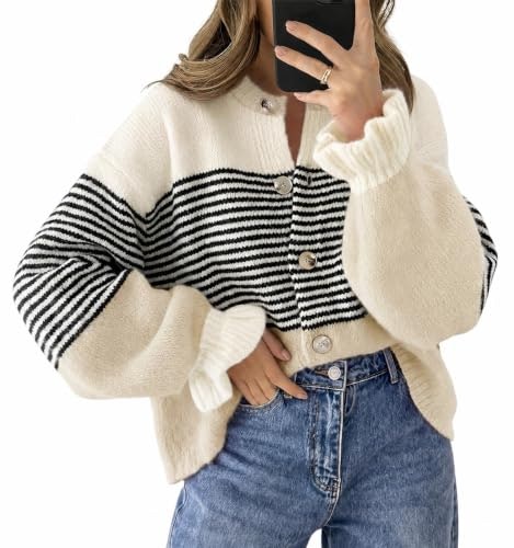 Saodimallsu Women's Striped Ruffle Sleeve Button-Up Cardigan Sweater: $28.03 Saodimallsu Women's Striped Ruffle Sleeve Button-Up Cardigan Sweater: $28.03