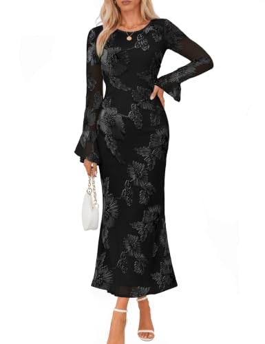 Fayenne Women's Floral Mesh Bell Long Sleeve Midi Cocktail Dress: $38.99 Fayenne Women's Floral Mesh Bell Long Sleeve Midi Cocktail Dress: $38.99
