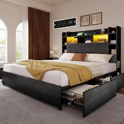Yitahome Queen Bed Frame with Bookcase Headboard and 4 Storage Drawers: $242.99