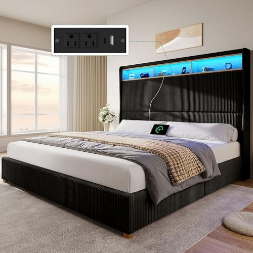 Yitahome King Bed Frame with Charging Station and LED Lights: $228.53