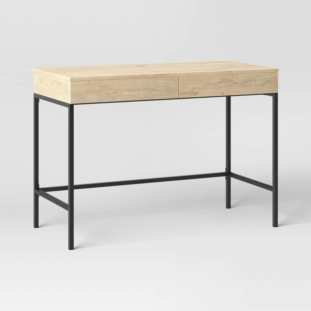 Loring Oak Wood Writing Desk with Drawers and Charging Station: $130 Loring Oak Wood Writing Desk with Drawers and Charging Station: $130