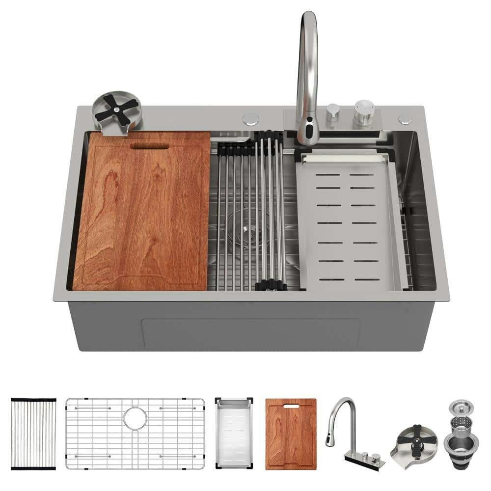 33-Inch Single Bowl Brushed Nickel Stainless Steel Kitchen Sink with Faucet and Cup Washer: $431.85