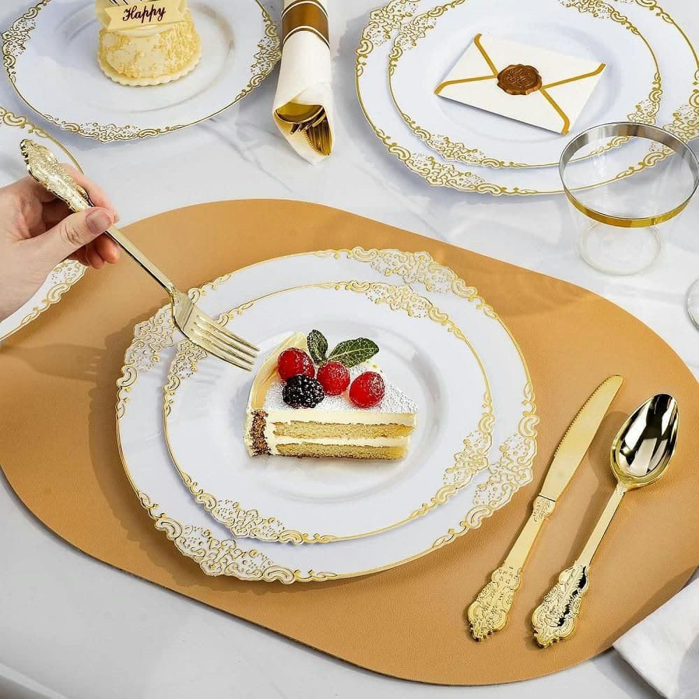 Gold Plastic Disposable Dinnerware Set 350-Piece: $129.47 Gold Plastic Disposable Dinnerware Set 350-Piece: $129.47