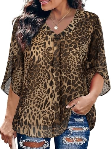 Siddhe Women's 3/4 Sleeve Cheetah Print V-Neck Chiffon Tunic: $23.79
