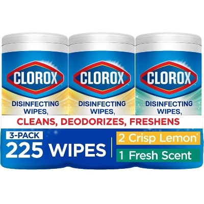 Clorox 225-Count Fresh Scent & Crisp Lemon Disinfecting Wipes 3-Pack: $10 Clorox 225-Count Fresh Scent & Crisp Lemon Disinfecting Wipes 3-Pack: $10