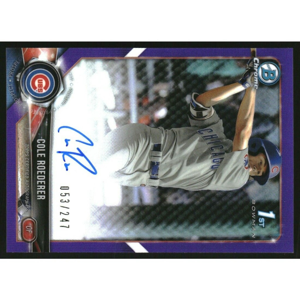 2018 Bowman Chrome Draft Cole Roederer Purple Refractor Autograph Card /247: $18 2018 Bowman Chrome Draft Cole Roederer Purple Refractor Autograph Card /247: $18