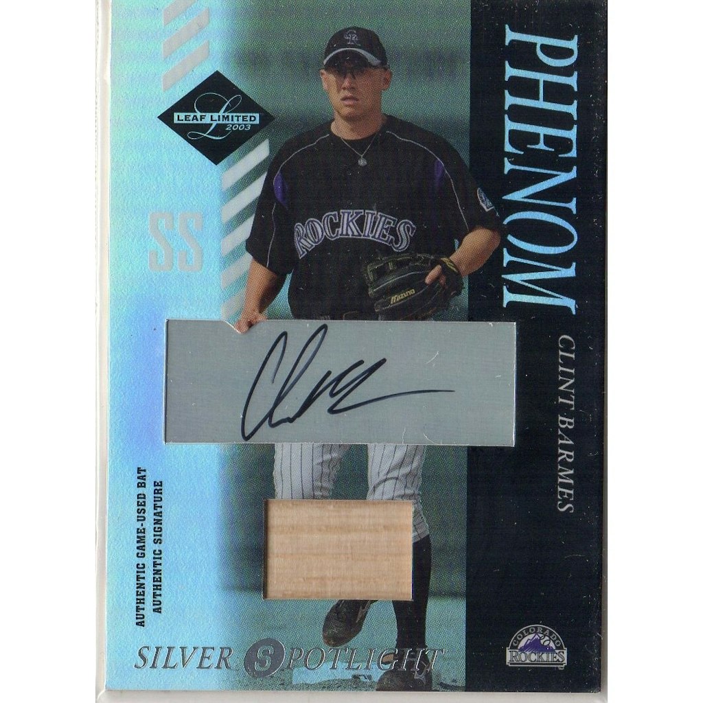 2003 Leaf Limited Silver Spotlight Clint Barmes Autographed Bat Relic Card: $28 2003 Leaf Limited Silver Spotlight Clint Barmes Autographed Bat Relic Card: $28