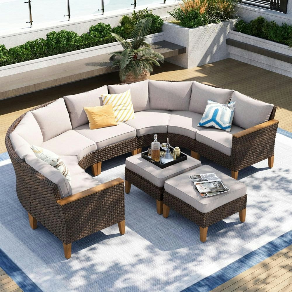 Brown Rattan Wicker 9-Piece Patio Sectional Set: $1,090