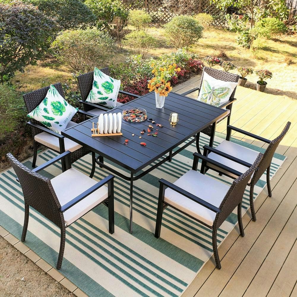 7-Piece Metal Slat Patio Dining Set with Rattan Chairs: $586 7-Piece Metal Slat Patio Dining Set with Rattan Chairs: $586