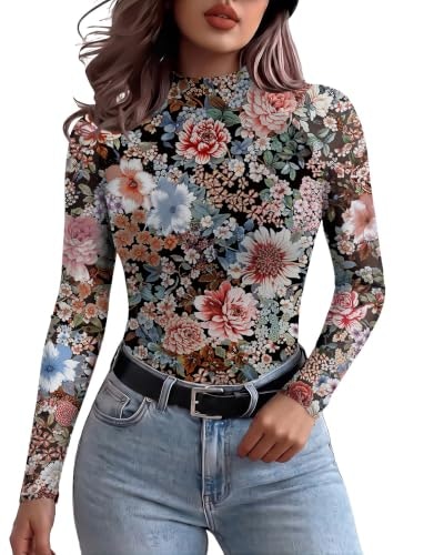 Women's Mesh Long-Sleeve Lace Mock Turtleneck Fitted Top: $9.49 Women's Mesh Long-Sleeve Lace Mock Turtleneck Fitted Top: $9.49