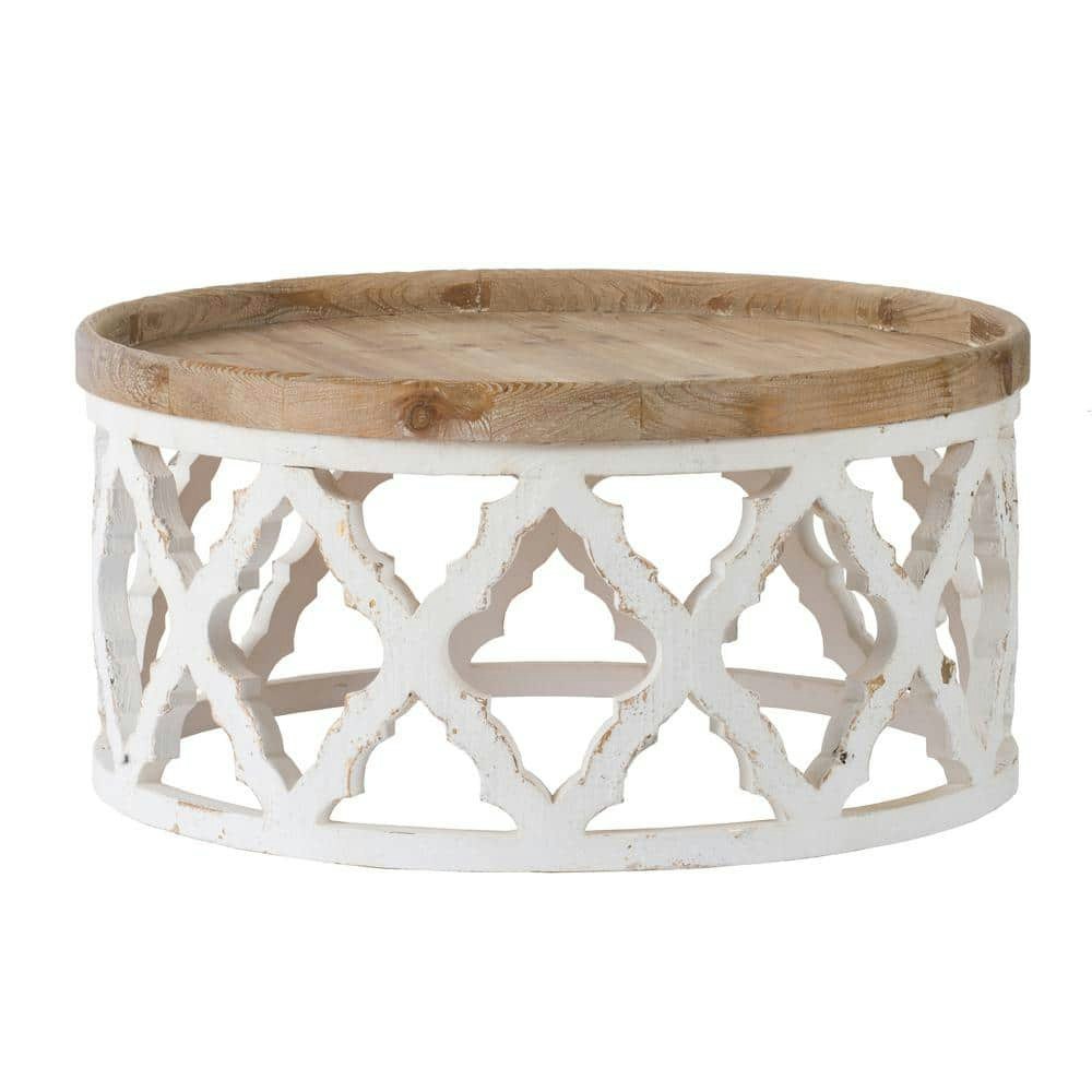 33-Inch Weathered White Round Wood Coffee Table: $309