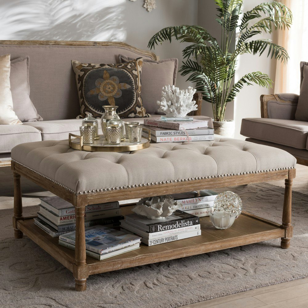 Baxton Studio Carlotta French Country Weathered Oak and Linen Coffee Table Ottoman: $434.99 Baxton Studio Carlotta French Country Weathered Oak and Linen Coffee Table Ottoman: $434.99